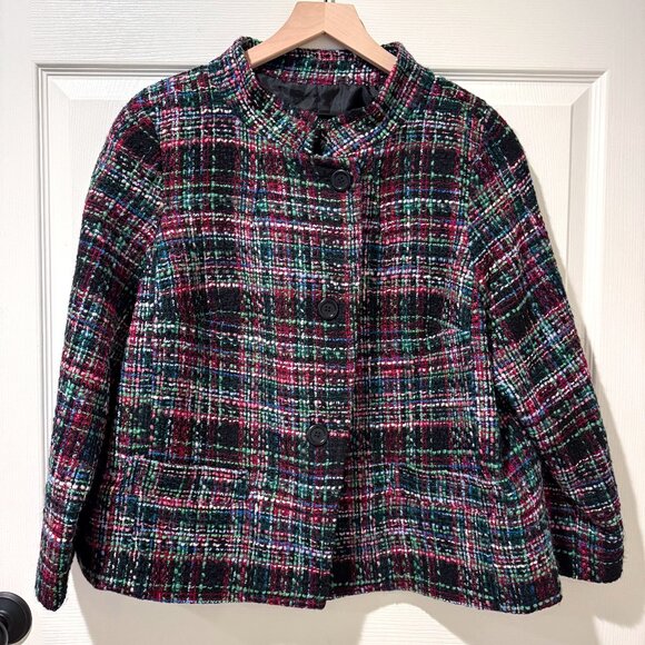 Talbots Jackets & Blazers - Talbots Woman Tweed Bouclé Plaid Wool Blend Buttoned Jacket Black Red Plus 16 W